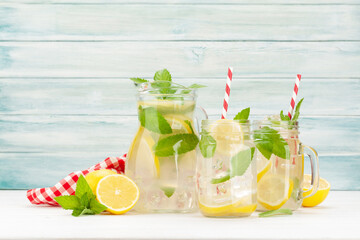 Fresh homemade lemonade with lemon and mint