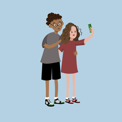 Teenage girl and boy taking selfie on smartphone smiling happy