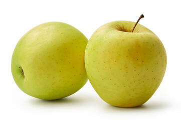 The fresh Golden Delicious apples are isolated on a white background.