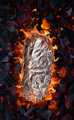 Some food in aluminum foil on grate over hot pieces of coals. Top view.