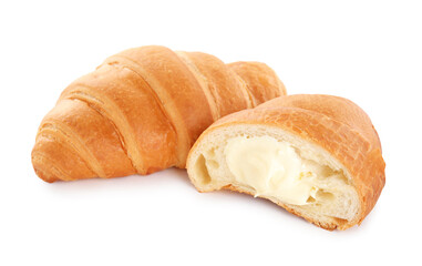 Delicious croissants with cream on white background