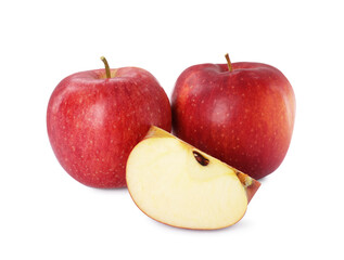 Whole and cut apples on white background