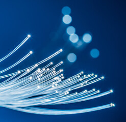 Bundle of optical fibers with lights in the ends. Blue background.