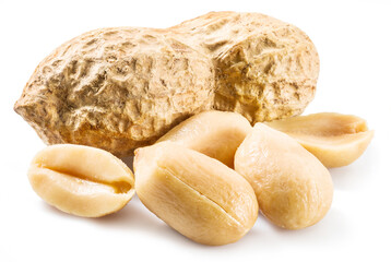 Peeled peanuts and peanut pod isolated on white background.