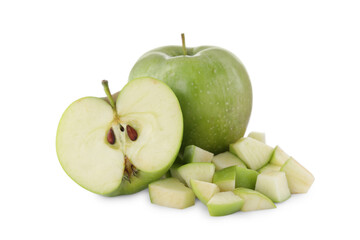 Whole and cut apples on white background
