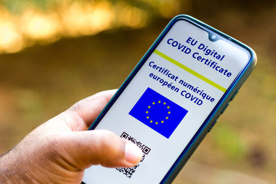 July 13, 2021, Brazil. In this photo illustration the EU Digital COVID Certificate seen on a smartphone screen.