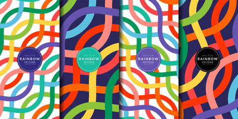 Abstract geometric pattern with the rainbow lines combination set. curve, striped, wrapping paper, fabric, wallpaper. Brochure cover template colorful collection. Rainbow background vector.