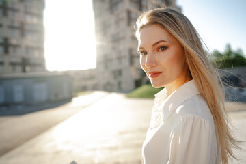 Close up portrait of young businesswoman outdoors