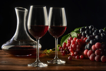 Glasses of red wine, decanter and different types of grapes on a wooden table.