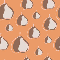 Pastel tones seamless pattern with contored grey pear shapes print. Orange background. Seasonal food print.