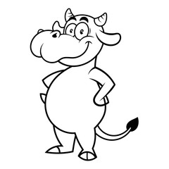 Black and white cartoon illustration of Big Fat Cow standing and smile, suitable for coloring book of children with farm and husbandry themes
