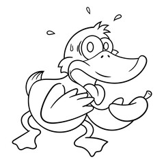 Black and white cartoon illustration of funny little duck spicy because eating a chili until sweats, suitable for coloring book of children with asian food themes