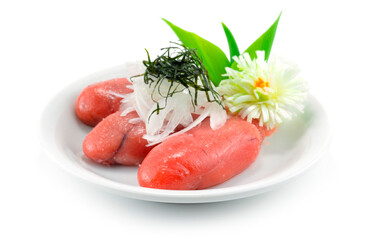 Mentaiko Japanese Tara  Cod Roe style ontop Slice Onion and Seaweed Good taste - obrazy, fototapety, plakaty