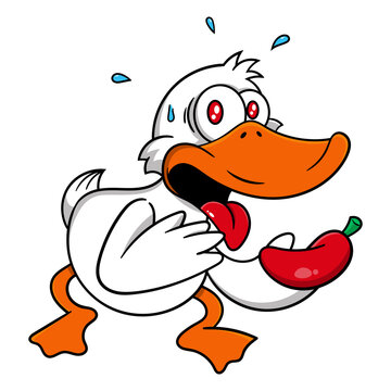 Cartoon Illustration of funny little duck spicy because eating a chili until sweats, best for mascot or logo for duck cuisine restaurant business