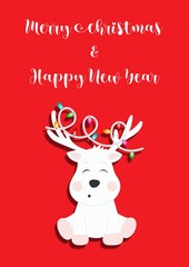 Fototapeta na wymiar Vector colorful greeting card with cute deer and christmas lights. Merry christmas and happy new year greeting card. Card printable template with red background. Hello 2022.