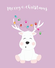 Vector colorful greeting card with cute deer and christmas lights. Merry christmas and happy new year greeting card. Card printable template. Hello 2022.