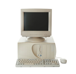 Old computer monitor, keyboard, system unit and mouse on white background