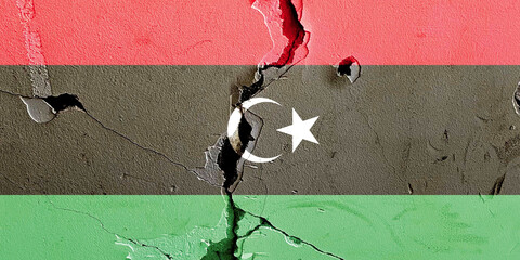 National flag of Libya painted on a weathered broken wall - political conflict concept - obrazy, fototapety, plakaty