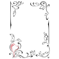 Fototapeta na wymiar frame 103. decorative rectangular frame with stylized flower buds, leaves, one heart and vignettes