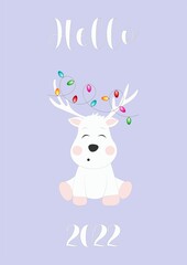 Vector colorful greeting card with cute deer and christmas lights. Merry christmas and happy new year greeting card. Card printable template with blue background. Hello 2022.