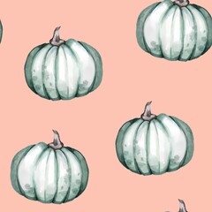 Seamless watercolor pattern with green, white end rose pumpkins and autumn leaves. Design for wrapping paper decoration, background