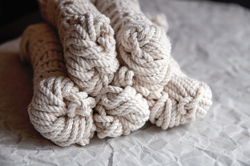 Handmade macrame thread, material for a natural modern decor concept