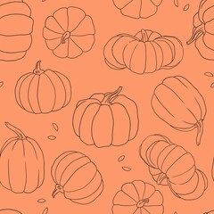 Beautiful pumpkin halloween thanksgiving seamless pattern, cute cartoon pumpkins hand drawn background, great for seasonal textile prints, holiday banners, backdrops or wallpapers 
