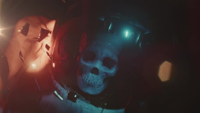 Dead astronaut on board of a spaceship. Skull visible. Cinematic sci-fi.