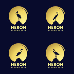 Silhouette Stork Heron Bird on Gold Sunset Logo Design