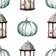 Seamless watercolor pattern with green, white end rose pumpkins and autumn leaves. Design for wrapping paper decoration, background