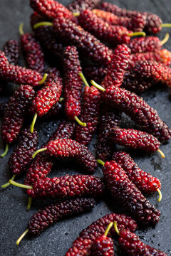 Fresh ripe Mulberries on dark background