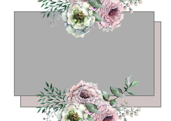 Rectangular frame with peony flowers and green eucolyptus branches. Wedding flower arrangement. Hand drawn watercolor on gray background for postcards, cards, wedding invitations, print, banner.