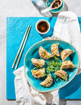 Asian Gyoza Dumplings On A Blue Plate