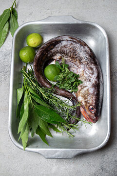 Pacific eel fish congrio with fragant herbs and lemon