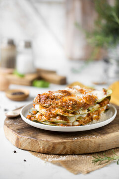 Homemade lasagne, layers of tomato ragu, mince and lasagne pasta sheets