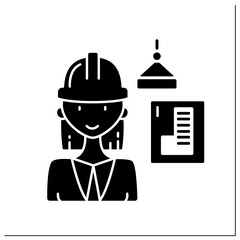 Architect glyph icon. Woman plans, designs and oversees construction of buildings. Top career. Successful woman concept.Filled flat sign. Isolated silhouette vector illustration