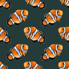 Watercolor seamless pattern illustration of an orange clown fish. Salt water exotic amphiprion fish isolated on background.