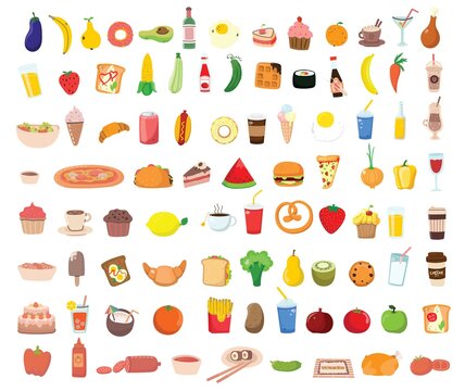 Big set icons food, flat style. Fruits, vegetables, meat, fish, bread, milk, sweets. Meal icon isolated on white background.