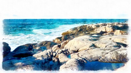Blue sea and rocks. Painting watercolor. Hand drawing watercolor art on canvas. Artistic  print. Original modern painting. Acrylic dry brush background. Beautiful nordic landscape. Teriberka.