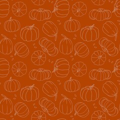 Beautiful pumpkin halloween thanksgiving seamless pattern, cute cartoon pumpkins hand drawn background, great for seasonal textile prints, holiday banners, backdrops or wallpapers 