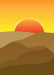 Vector sunset in the desert. Background for summer holidays and design. A desert sunset scene for travel design.