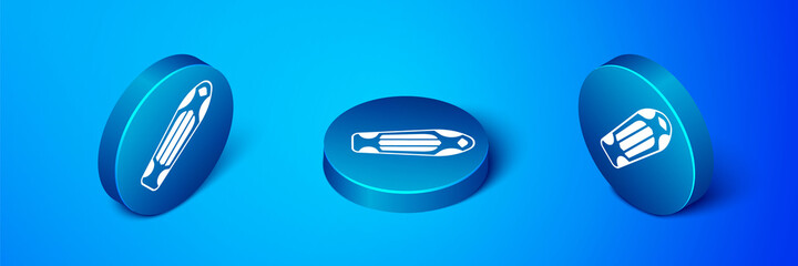 Isometric Skateboard deck icon isolated on blue background. Extreme sport. Sport equipment. Blue circle button. Vector