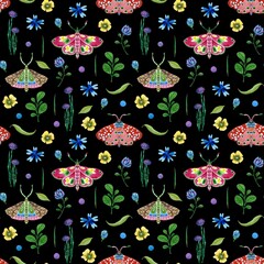 Bright seamless pattern with multicolored butterflies, flowers and leaves on black background 
