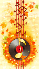 Autumn background with fallen leaves, notes and vinyl record.