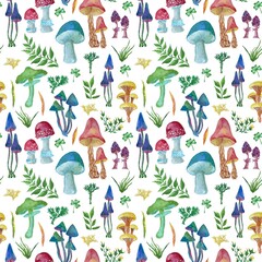 Forest colorful mushrooms, bright seamless pattern
