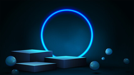 Blue scene with winners blue cube pedestal with white realistic bouncing spheres and neon ring