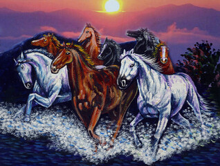 Art painting Fine art Oil color running horse Lucky from Thailand , sunrise © Kwang Gallery