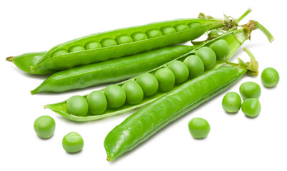 Fresh green pea pods with green peas isolated on white background. clipping path