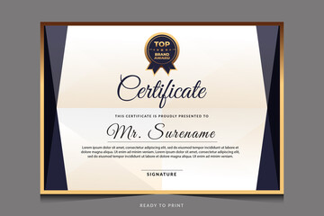 Certificate of appreciation template, gold and blue color. Clean modern certificate with gold badge.