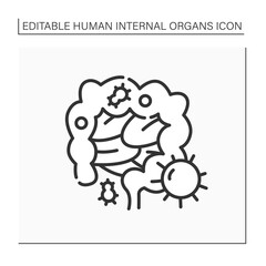 Intestines line icon. Fiery process. Gastrointestinal tract disease. Medical treatment. Human internal organs concept.Isolated vector illustration.Editable stroke